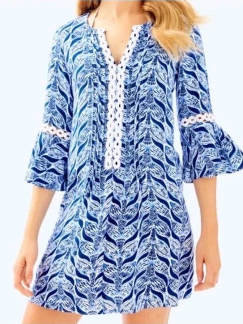 Lilly Pulitzer Navy & White Printed Bell-Sleeve Mini Dress - Picture 1 of 10